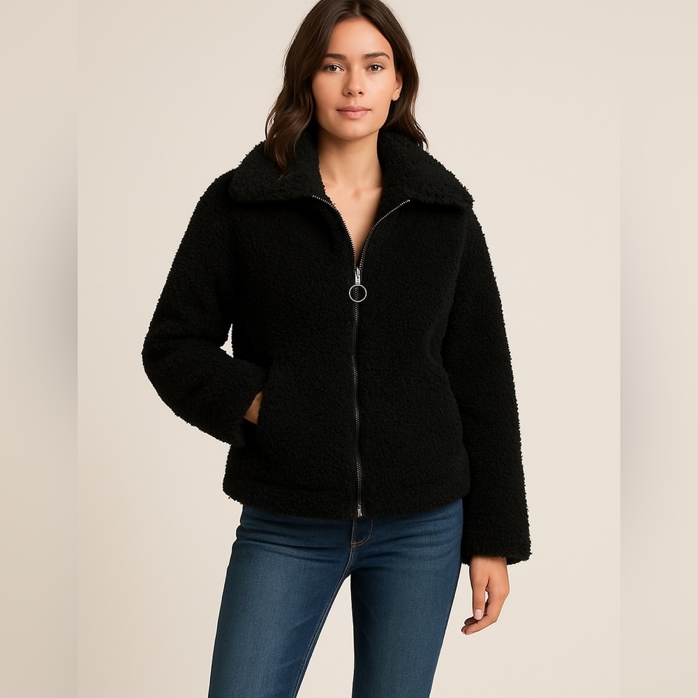 Steve Madden Black Teddy Faux Shearling Zip Jacket S